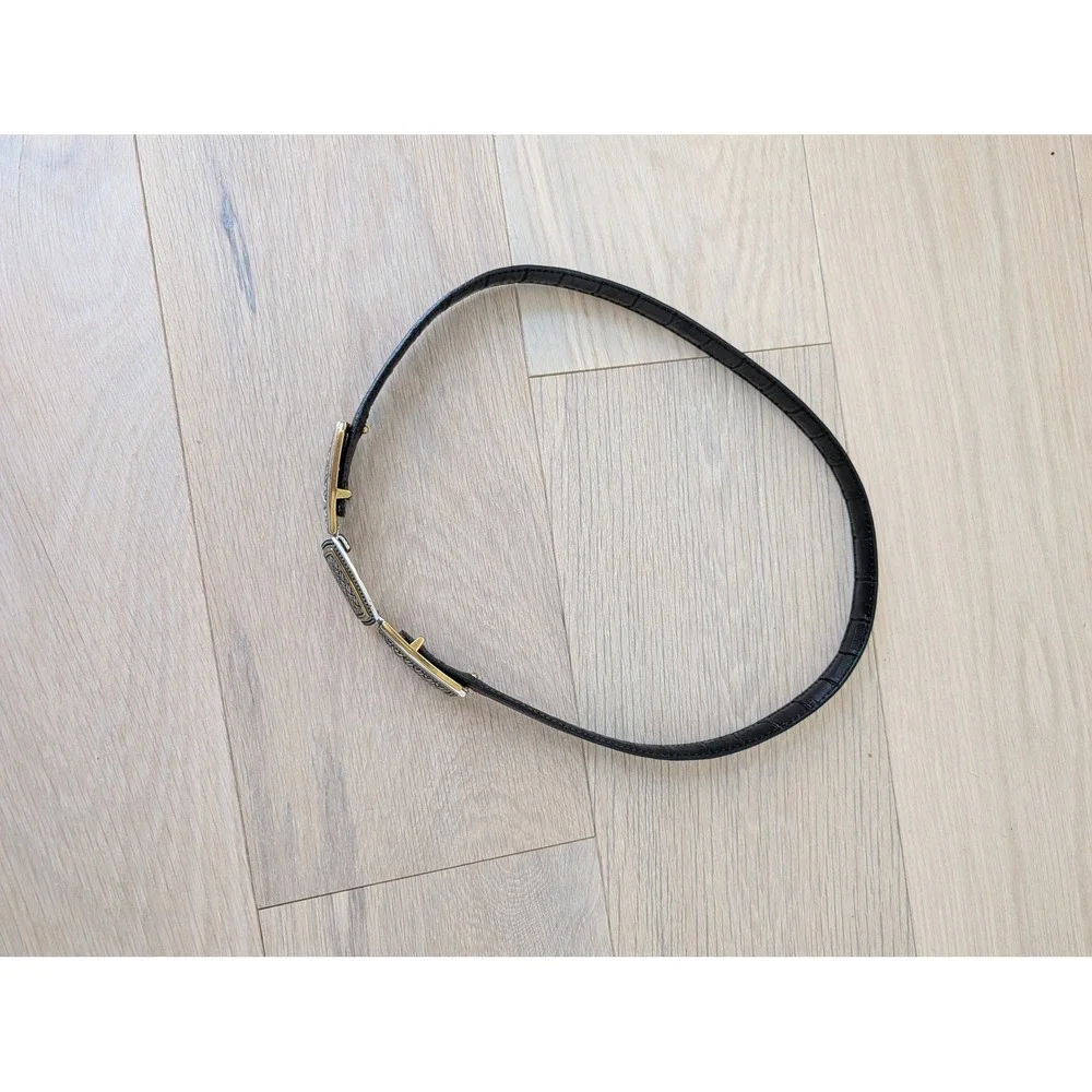 Vintage Woven Metal Accent Leather Black Embossed Leather Statement Belt Small